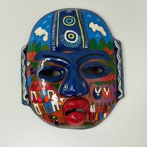 Handpainted Hand Made Terra Cotta Mask Wall Hanging Mexico Central America Aztec